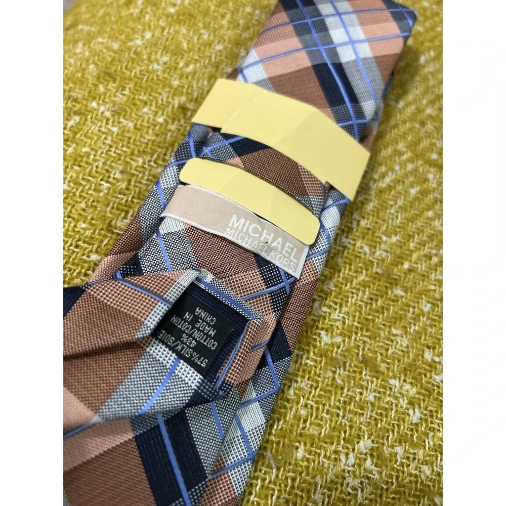 MICHAEL Michael Kors Men's Plaid Classic Check Gingham 100% Silk Tie Orange Blue